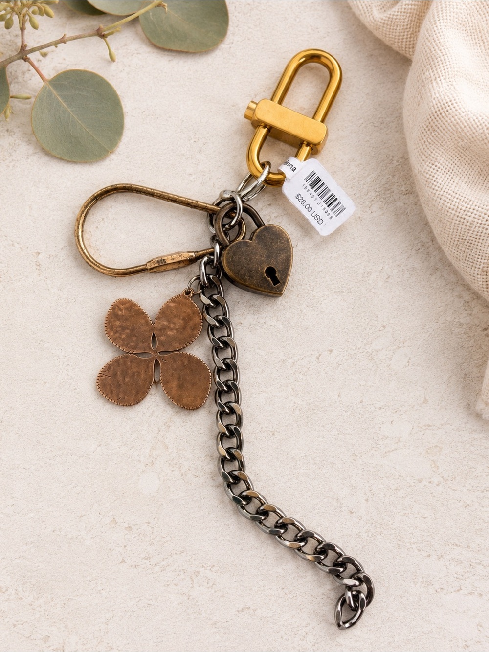 Anthropology Vintage-Inspired Heart & Floral Keychain Bag Charm Gold Bronze
